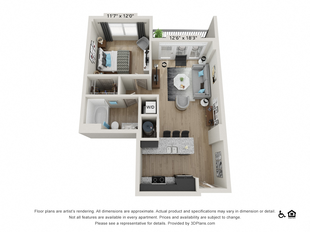 Floor plan for 1 bed, 1 bath, 685 sqft